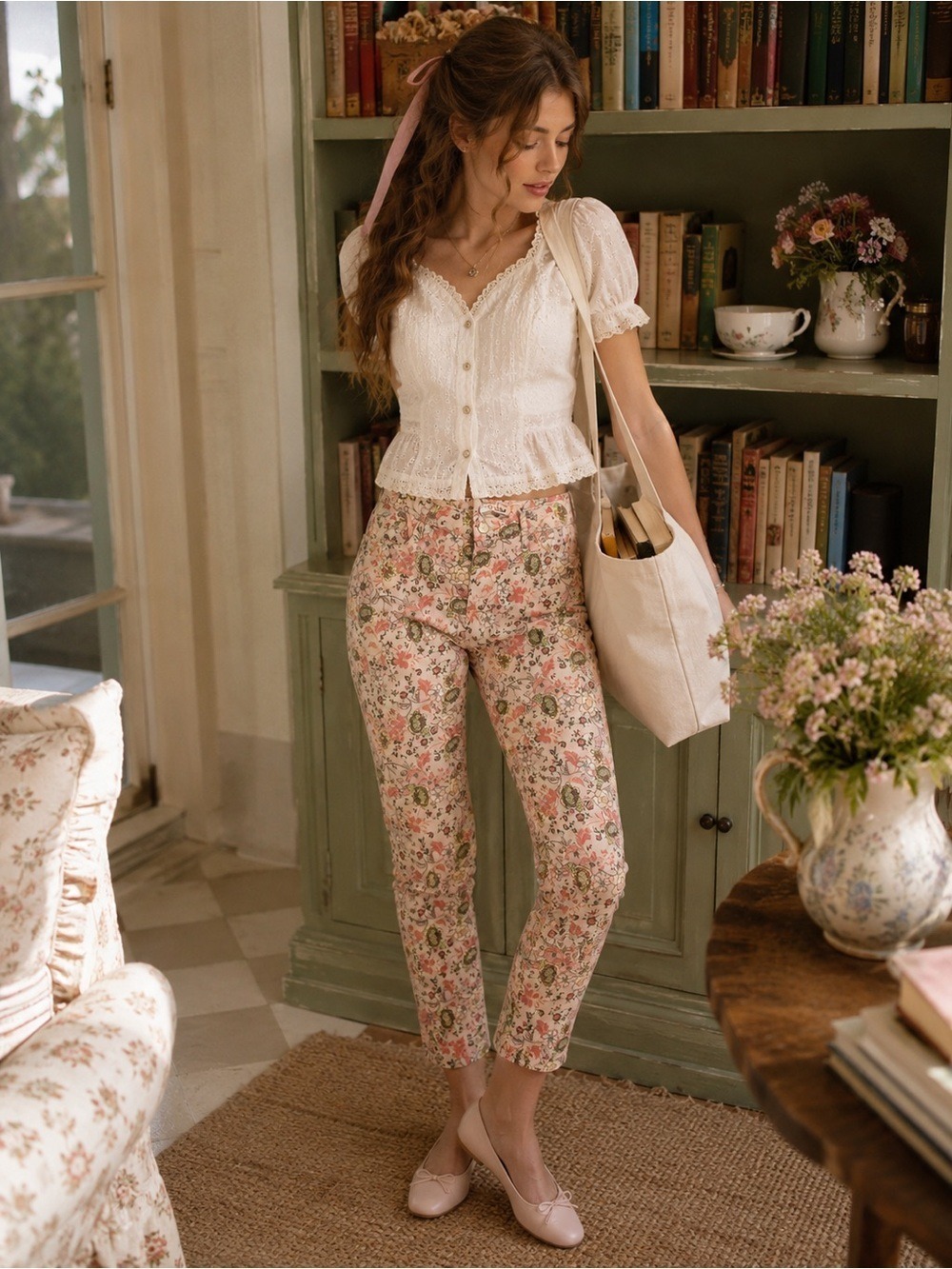 Floral Capri Pants Cottagecore Twee Coquette Soft Girl Garden Size 8 Code Bleu